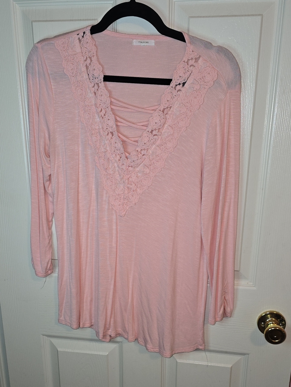 Lace-Trim Crisscross V-Neck Long Sleeve Top - Blush Pink